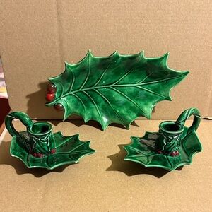 Green Leaf-Shaped Holiday Candle Holder Set